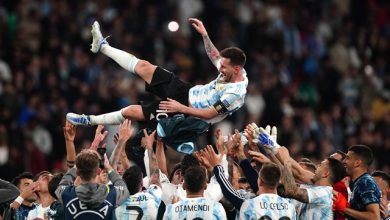 Lionel Messi of Argentina being celebrated after the game