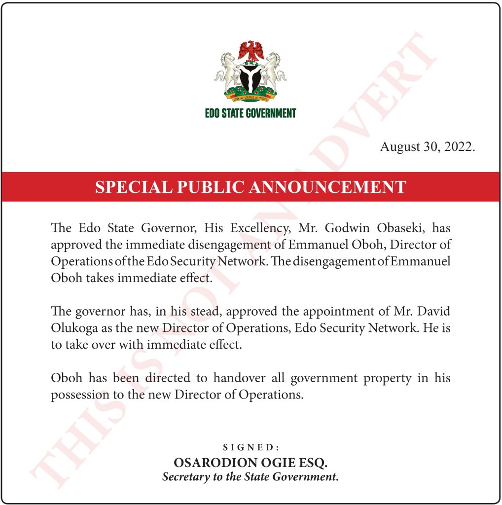 Obaseki sacks Oboh as Director of Edo Security Network, appoints Olukoga