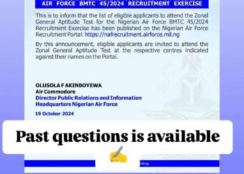 Nigerian Air Force announces list of eligible applicants for BMTC 45/2024 zonal aptitude test