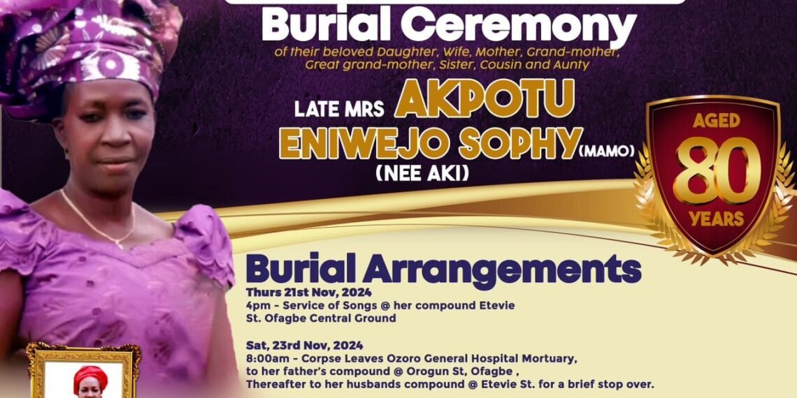 Burial arrangements announced for Late Mrs. Akpotu Sophy, mother of IDU President General