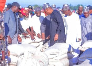 Gov. Zulum distributes Tinubu’s 100 trucks of grains in Borno community