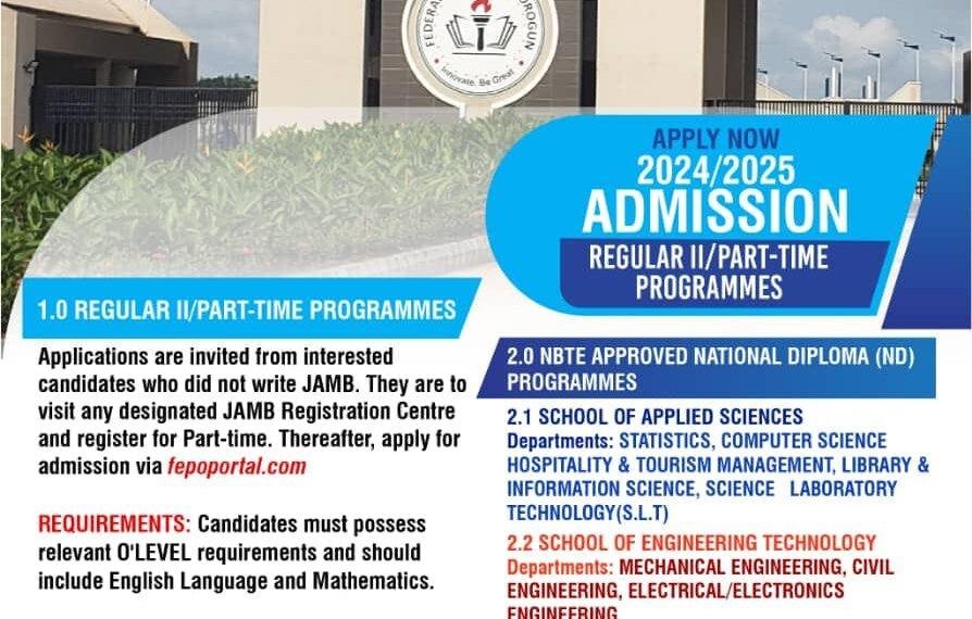 Federal Polytechnic Orogun announces 2024/2025 Admission for Regular II, Part-Time programs