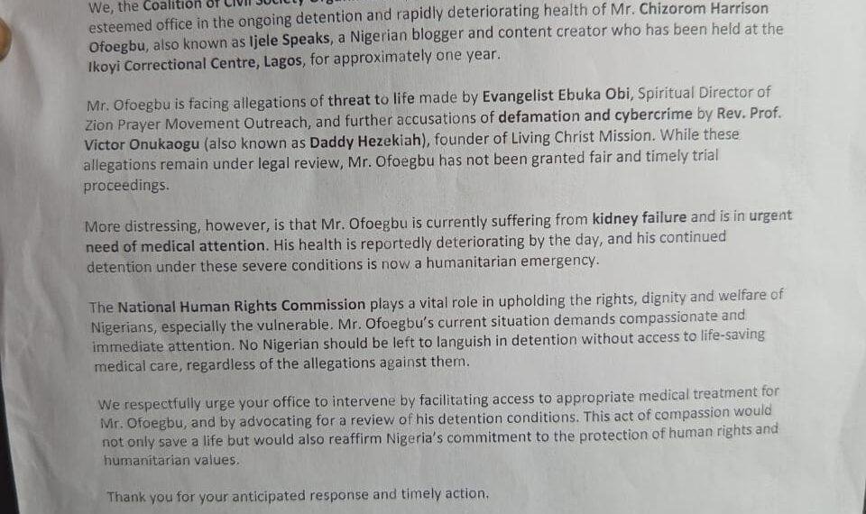 Coalition demands immediate release of detained social critic "Ijele Speaks," raises alarm over deteriorating health