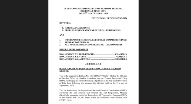 Shock as judgement of Edo Governorship Election Petition Tribunal leaks online