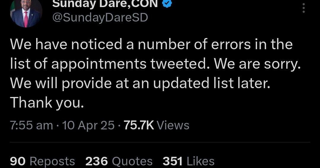 Presidency issues public apology over flawed appointment list amid growing criticism of Tinubu’s alleged regional bias