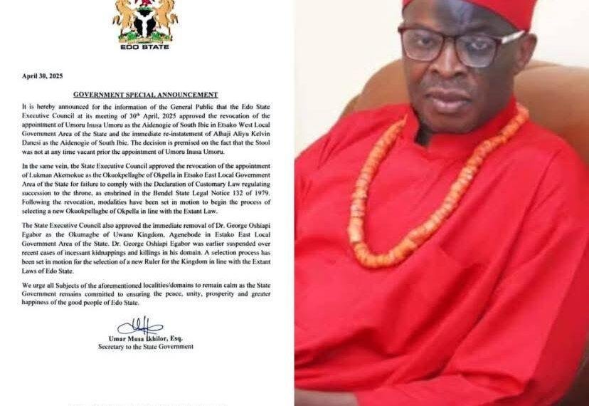 Edo Government revokes Traditional Ruler appointments across 3 communities
