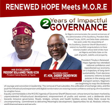 Joel-Onowakpo hails Tinubu, Oborevwori’s transformative leadership as duo mark 2nd anniversary