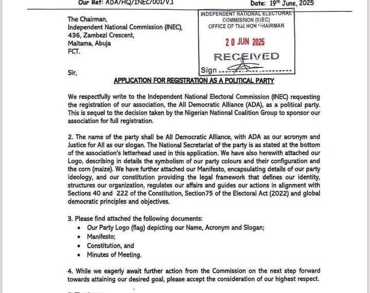 Coalition group finally submitted new political party 'All Democratic Alliance' (ADA) to INEC for registration