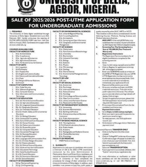 University of Delta Agbor opens 2025/2026 Post-UTME application for undergraduate admissions