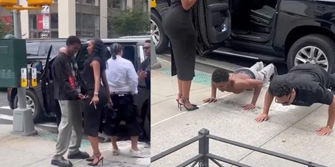 King Combs celebrates Diddy’s acquittal with street push-ups, Derrick Milano joins in