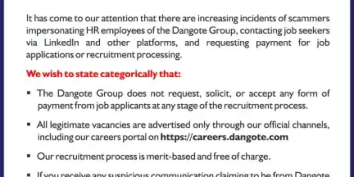 Dangote Group issues Strong warning against employment scams