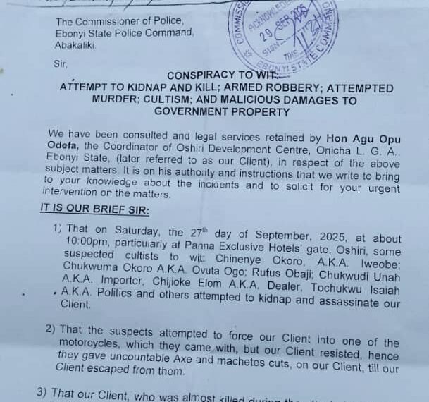 Ebonyi Coordinator petitions Police over alleged kidnap, murder attempt on his life by suspected cultists