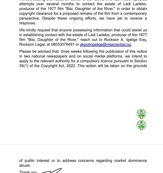 Rockson Legal issues Public Notice as search for Estate of ‘Bisi, Daughter of the River’ Producer intensifies