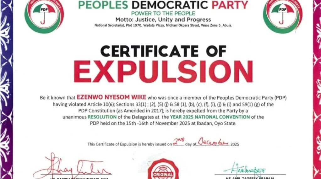 PDP formally expels Wike, Fayose, 9 others with official certificates