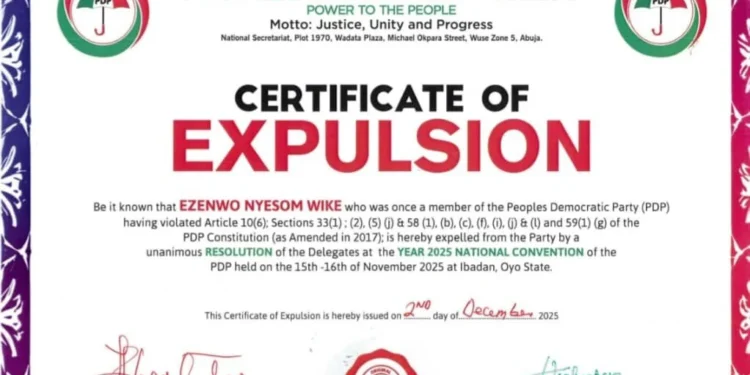 PDP formally expels Wike, Fayose, 9 others with official certificates