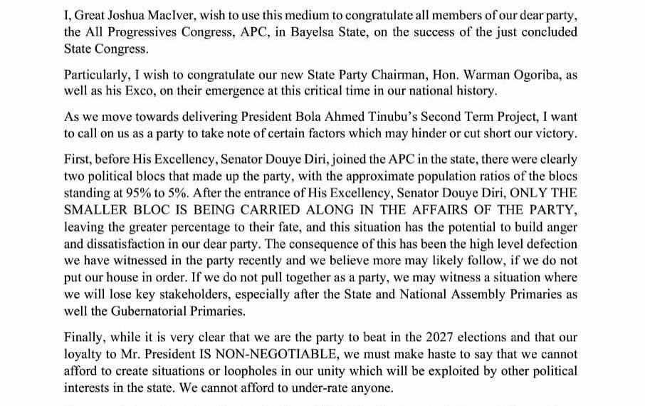 APC Crisis in Bayelsa: MacIver warns of fresh defections, calls for urgent party unity ahead of 2027