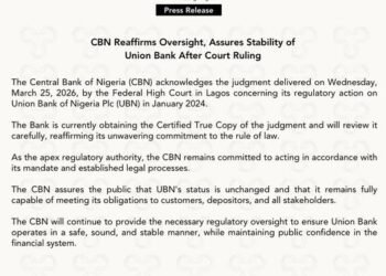CBN reaffirms power of oversight, assures stability of Union Bank after court ruling