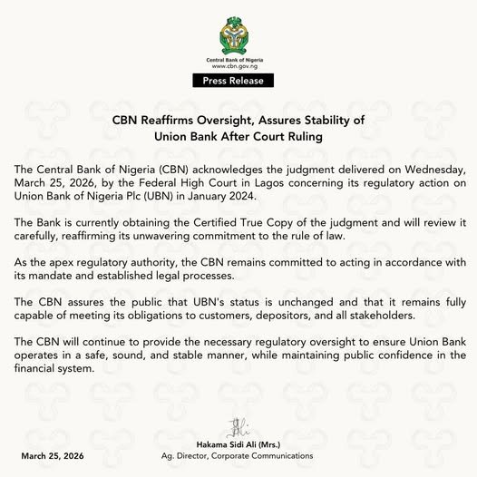 CBN reaffirms power of oversight, assures stability of Union Bank after court ruling