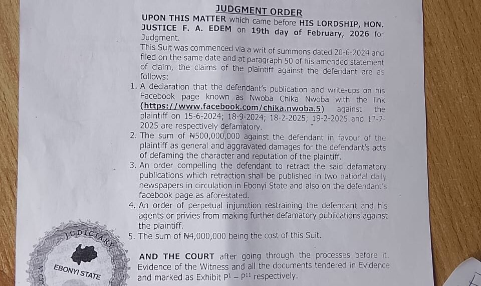 Abakiliki court orders social media critic to pay legal practitioner N5m as damages