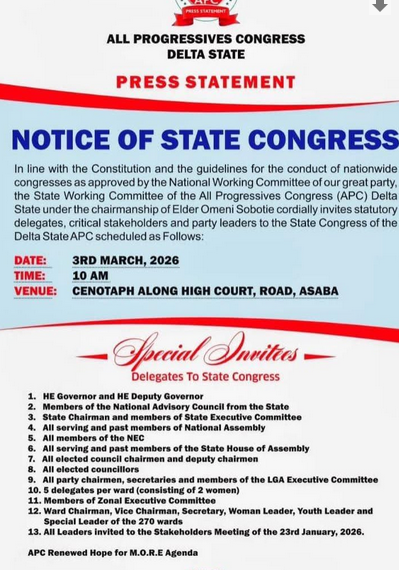 Delta APC to hold state congress on March 3 in Asaba