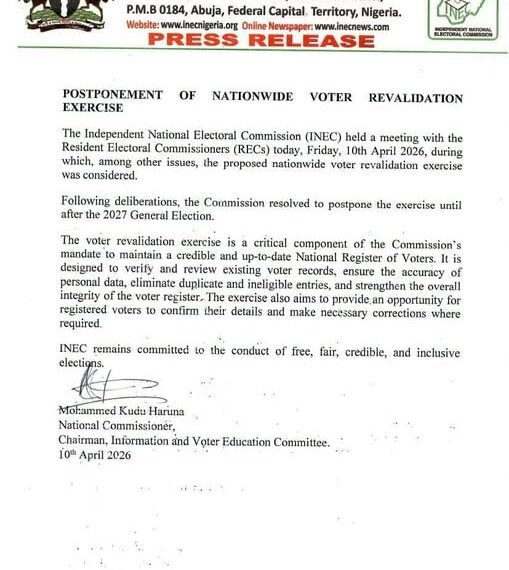 Just In: INEC postpones voter revalidation exercise until after 2027 general elections