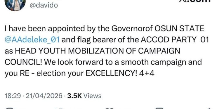 Davido named Accord Party youth mobilisation head for Gov. Adeleke’s re-election campaign
