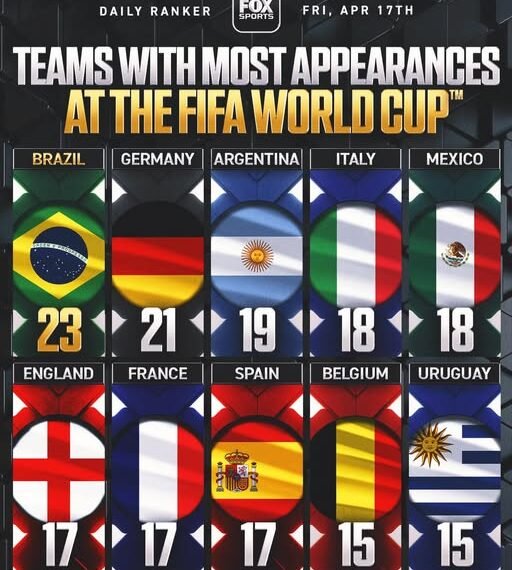 Top 10 countries with the most FIFA World Cup appearances