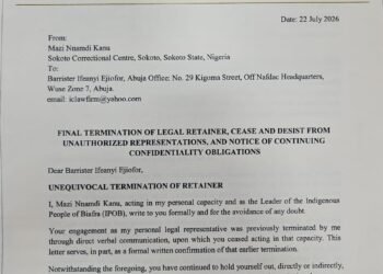 Kanu Dismisses Lawyer, Withdraws Authority To Represent IPOB, Family