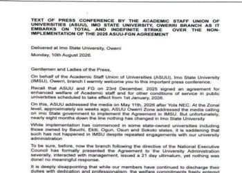 Imo State University ASUU Embarks On Indefinite Strike Over Non- Implementation Of 2025 ASUU- FG Agreement.