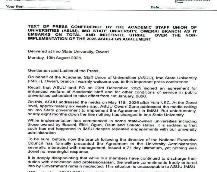 Imo State University ASUU Embarks On Indefinite Strike Over Non- Implementation Of 2025 ASUU- FG Agreement.