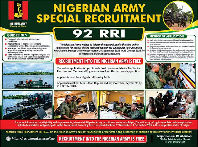 Nigerian Army Opens Special Recruitment for Skilled Nigerians, Applications End October 21