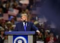 Donald Trump speaking at a Republican event amid Tom Cotton daylight saving time feud